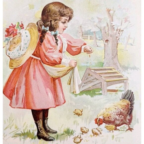 1898 Victorian Lithograph Beautiful Girl Red Dress Feeding Chickens Farm DWMM4 - Picture 1 of 2